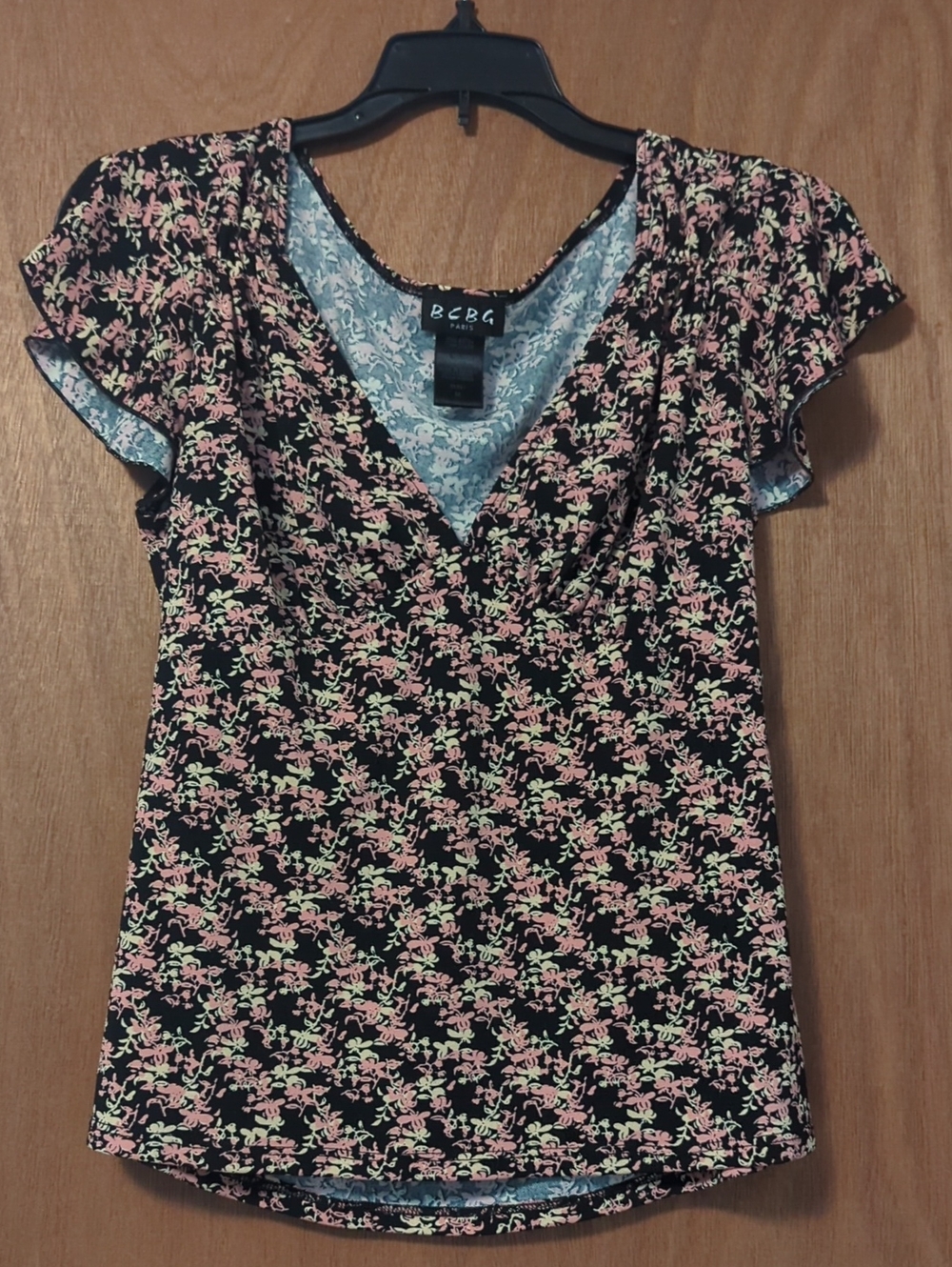 BCBG Black Floral V-Neck Flutter Sleeve Blouse - Pink & Green